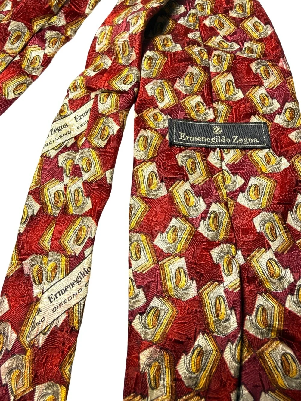 Ermenegildo Zegna Red Silk Tie with Gold and Cream Geometric Motif
